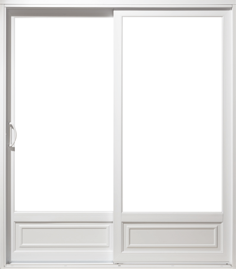 Porte patio coulissante de style terrasse avec panneaux pleins au bas