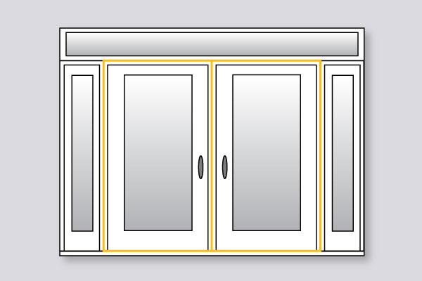 Schéma d'un système de porte d'entrée avec le coupe-froid mis en évidence autour des panneaux de porte